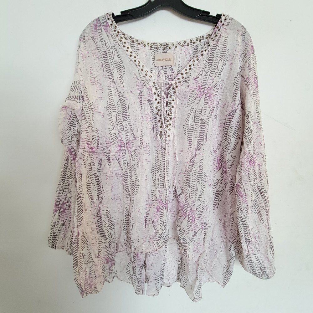 Zadig & Voltaire 100% Cotton Tiny V Neck Tie Front Balloon Long Sleeve Blouse XS